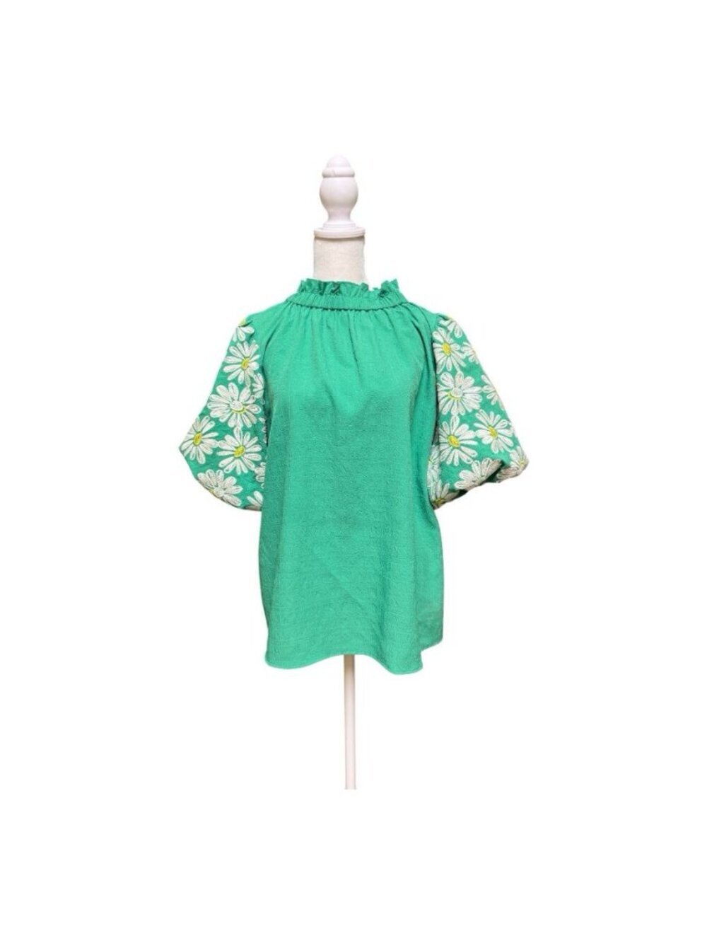 THML Green Puff Sleeve Floral Embroidered Blouse Women’s Large